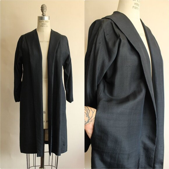Vintage Jackets & Blazers - Vintage 1960s Swing Coat with Pockets, Cates Blue Black Silk Jacket, White Linin
